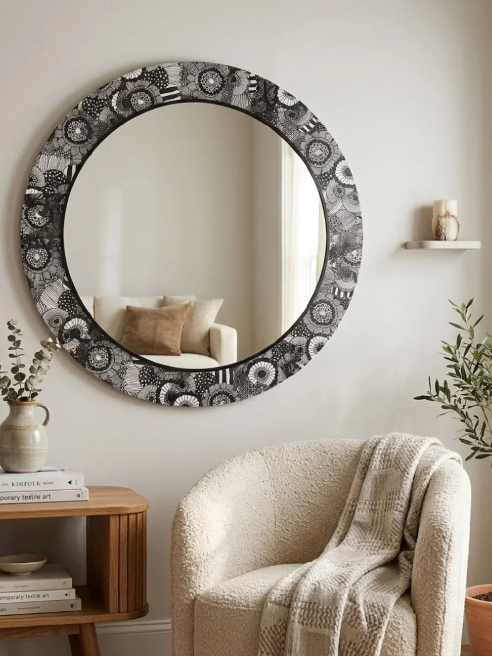 Handmade Black & White Floral Round Mirror / Boho Eclectic Wall Art